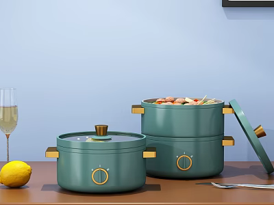 Green Cooking Pots With Golden Accents Open Lid Food Lemon Champagne Glass And Utensils 3d model