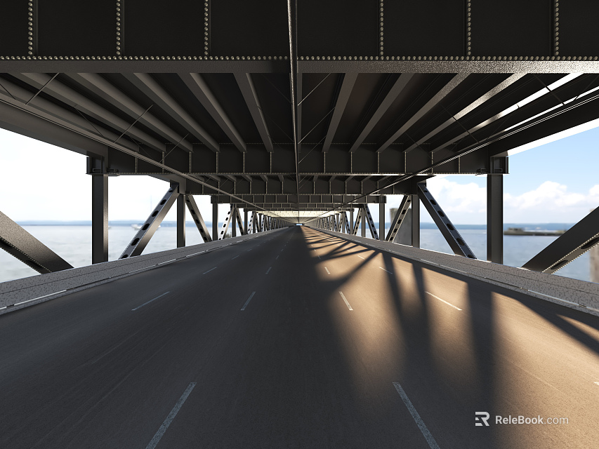 Steel Bridge With Support Beams Lane Road Water And Clear Sky View 3d model 