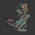 Rusted Teal And Orange Mechanical Character With Red Arm Structures And Mechanical Design