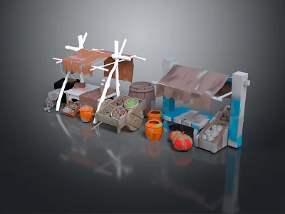 Small Rustic Market Stall With Canopy Barrels Fruits Vegetables And Baskets 3d model