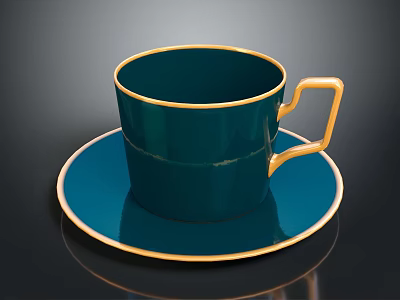 Elegant Dark Green Cup With Gold Rim And Handle On Matching Saucer 3d model