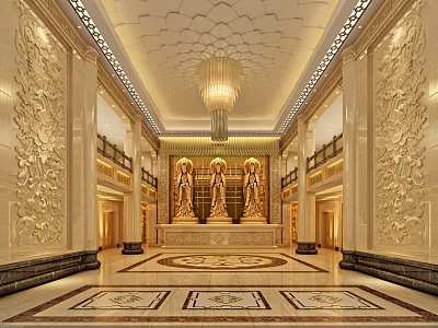 Sacred Religious Hall Featuring Golden Statues Lotus Ceiling Carved Walls And Intricate Floors 3d model