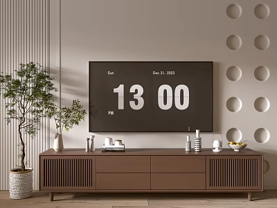 Modern Brown TV Stand With Drawers Grid Panels Decorative Items Green Plant And Wall Decor 3d model