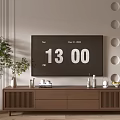 Modern Brown TV Stand With Drawers Grid Panels Decorative Items Green Plant And Wall Decor