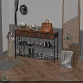 Multi Tiered Wooden Metal Entryway Shelf With Handbag Hat Flower Vase And Shoes