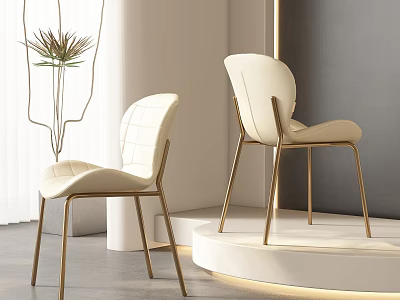 Ivory Modern Dining Chairs With Golden Metal Legs And Curved Backrest In Contemporary Interior 3d model