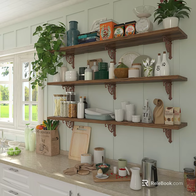 Bright Kitchen Interior With Wall Mounted Wooden Shelves Holding Various Kitchenware And Green Plants 3d model 