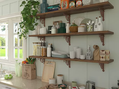 Bright Kitchen Interior With Wall Mounted Wooden Shelves Holding Various Kitchenware And Green Plants 3d model