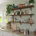 Bright Kitchen Interior With Wall Mounted Wooden Shelves Holding Various Kitchenware And Green Plants