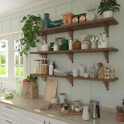 Bright Kitchen Interior With Wall Mounted Wooden Shelves Holding Various Kitchenware And Green Plants 3d model