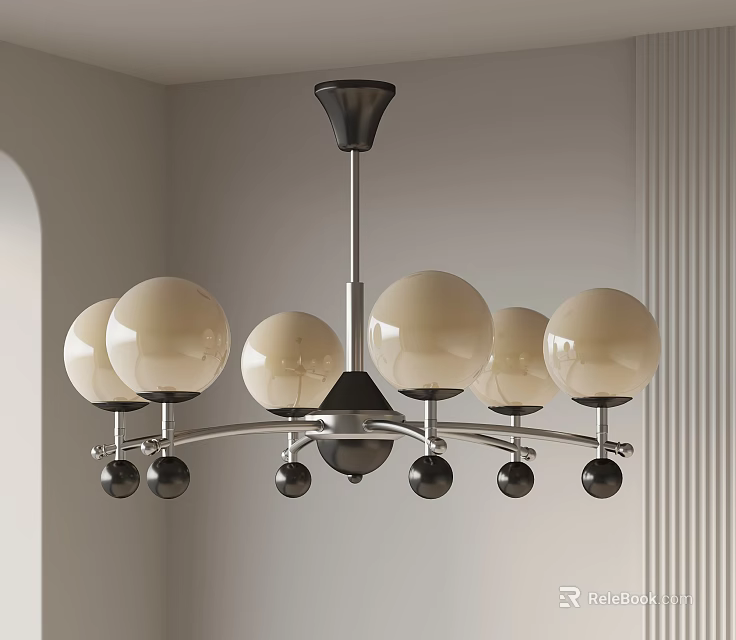 Modern Chandelier with Multiple Spherical Light Colored Lampshades Arched Metal Frame and Black Decorative Balls 3d model 
