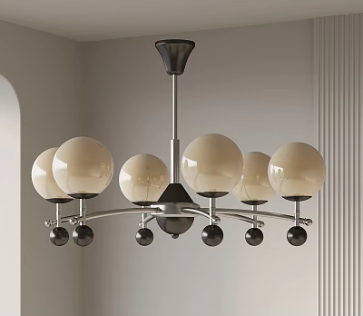 Modern Chandelier with Multiple Spherical Light Colored Lampshades Arched Metal Frame and Black Decorative Balls 3d model