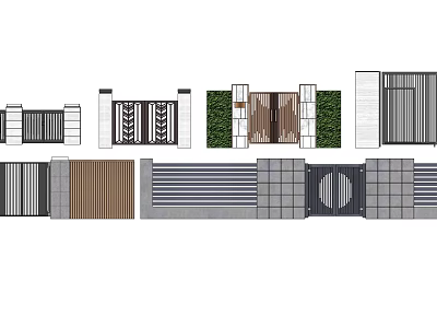 Modern Entrance Gates Designs With Metal Grilles Stone Pillars And Greenery 3d model