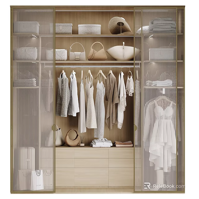 Elegant Modern Closet Interior With Hanging Clothes Handbags Folded Items And Glass Doors 3d model 