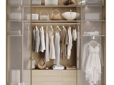 Elegant Modern Closet Interior With Hanging Clothes Handbags Folded Items And Glass Doors 3d model