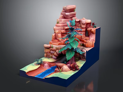 Cartoon Style Scenic Landscape With Rock Waterfall Stream Trees And Green Grass 3d model