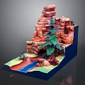 Cartoon Style Scenic Landscape With Rock Waterfall Stream Trees And Green Grass