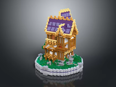 Lego Wooden Building With Purple Roof and Balcony on Circular Base Surrounded by Green Grass 3d model