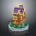 Lego Wooden Building With Purple Roof and Balcony on Circular Base Surrounded by Green Grass