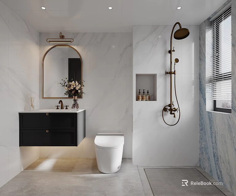Modern Bathroom Interior With Marble Walls Black Vanity Round Mirror Toilet And Brass Shower Fixture 3d model 