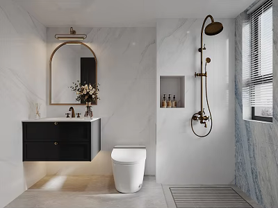 Modern Bathroom Interior With Marble Walls Black Vanity Round Mirror Toilet And Brass Shower Fixture 3d model