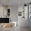 Modern Bathroom Interior With Marble Walls Black Vanity Round Mirror Toilet And Brass Shower Fixture