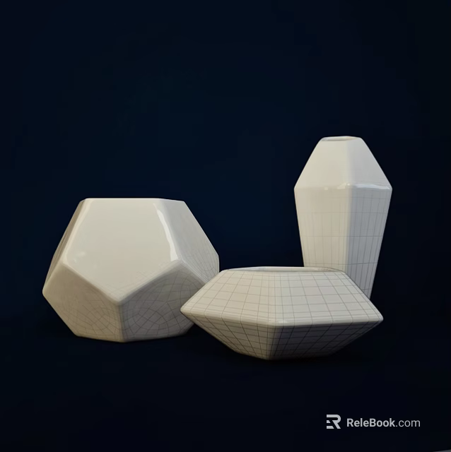 Modern White Ceramic Vessels with Geometric Shapes and Grid Patterns for Home Decor 3d model 
