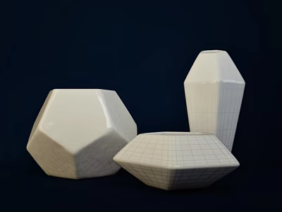 Modern White Ceramic Vessels with Geometric Shapes and Grid Patterns for Home Decor 3d model
