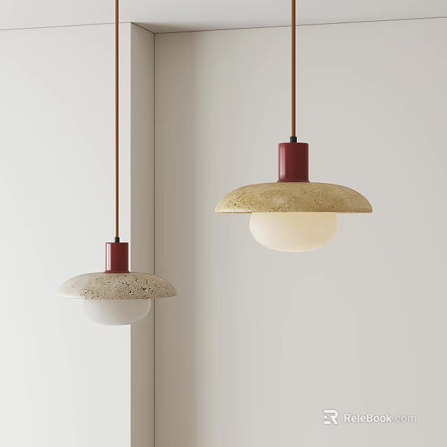 Two Minimalist Modern Pendant Lights With Red Top Beige Shade And White Globe Design 3d model 