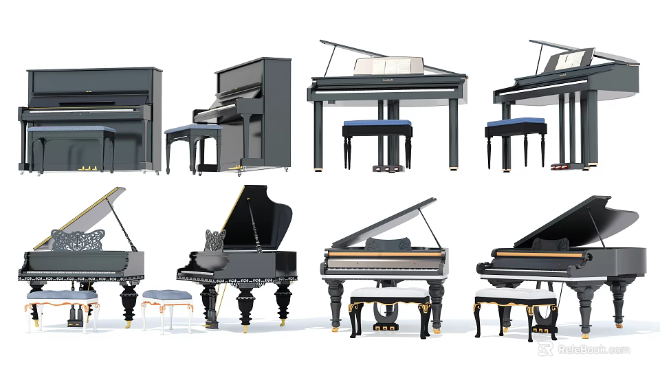Various Styles of Pianos Including Grand Upright Models and Matching Stools 3d model 