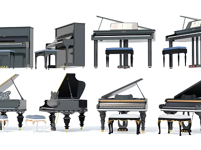 Various Styles of Pianos Including Grand Upright Models and Matching Stools 3d model