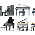 Various Styles of Pianos Including Grand Upright Models and Matching Stools