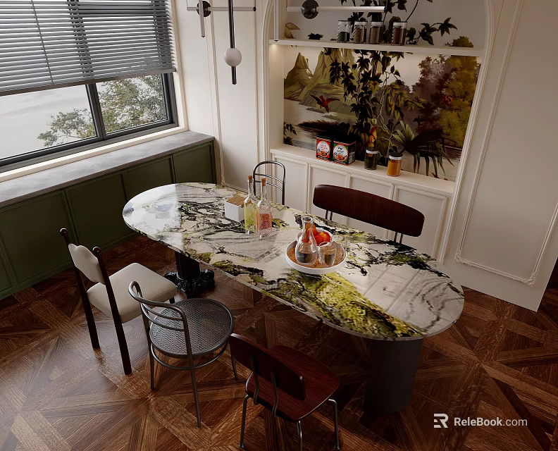 Elegant Patterned Dining Table Set With Mixed Chairs And Decorative Shelf By Window 3d model 