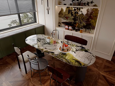 Elegant Patterned Dining Table Set With Mixed Chairs And Decorative Shelf By Window 3d model