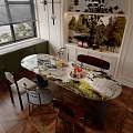 Elegant Patterned Dining Table Set With Mixed Chairs And Decorative Shelf By Window