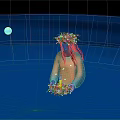 Figure with Flower Wreath Sitting in Blue Water Holding Flower Bouquet Under Blue Moon