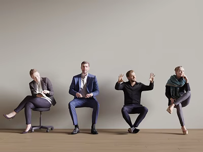 Four People Sitting in Various Poses Against Gray Background Wall on Wooden Floor 3d model