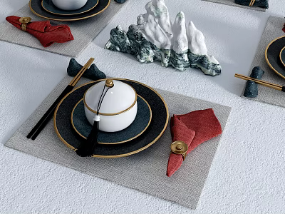 Chinese Tableware Set With Blue Plates White Bowl Golden Accents Red Napkins Chopsticks And Placemats 3d model