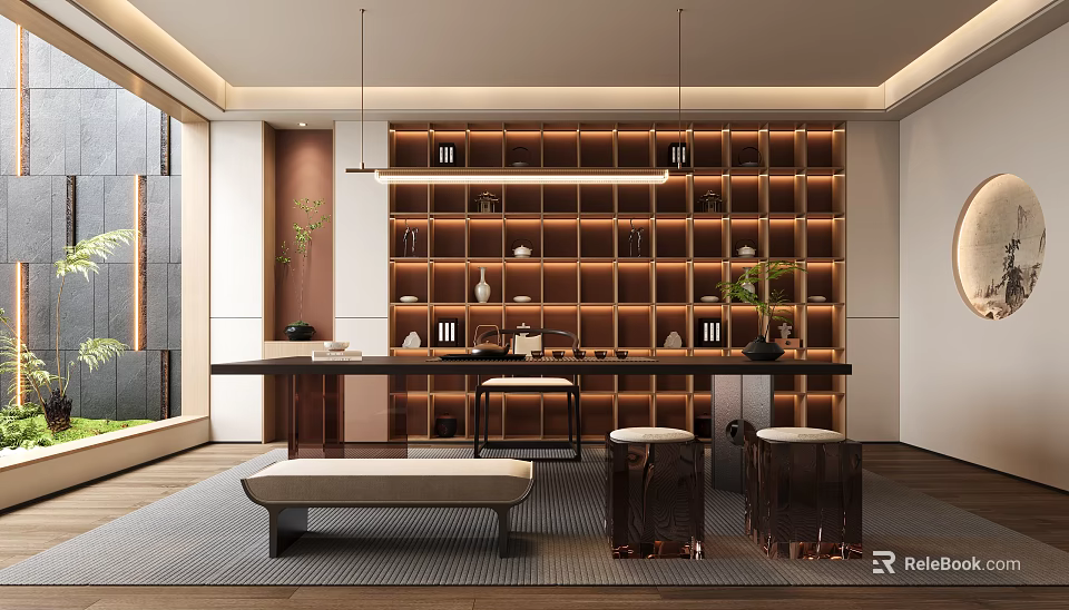 Modern Tea Room With Illuminated Shelves Long Table And Stools 3d model