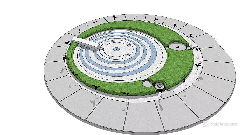 Circular Landscape Design With Concentric Blue Patterns Green Lawn And Gray Pavement 3d model
