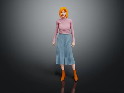 Woman With Orange Hair Wearing Pink Top Blue Pleated Skirt And Orange Boots 3d model