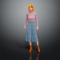 Woman With Orange Hair Wearing Pink Top Blue Pleated Skirt And Orange Boots