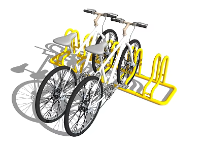 White Bicycles Parked on Yellow Bike Rack in Urban Setting 3d model