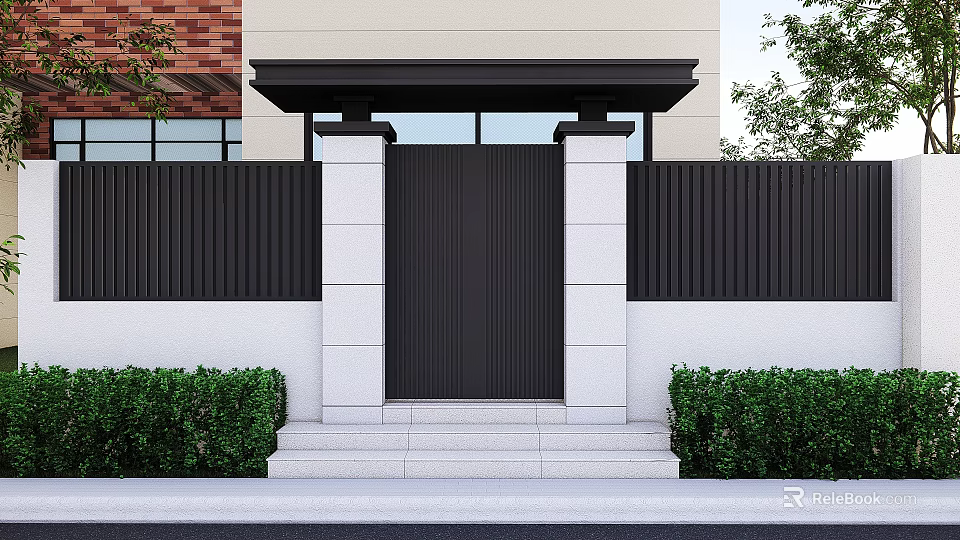 Modern Black Gate With White Pillars Front Steps And Green Shrubs Near Brick Wall 3d model 