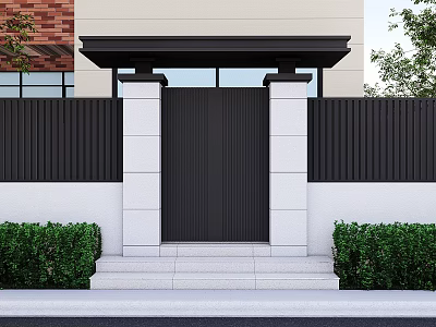 Modern Black Gate With White Pillars Front Steps And Green Shrubs Near Brick Wall 3d model
