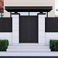 Modern Black Gate With White Pillars Front Steps And Green Shrubs Near Brick Wall