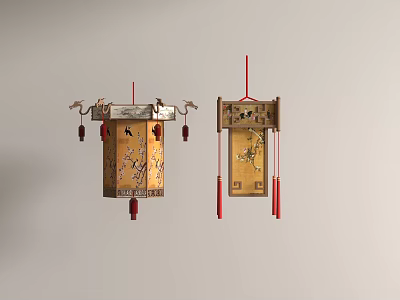 Traditional Chinese Hanging Lanterns With Intricate Floral Bird Designs And Red Tassels 3d model