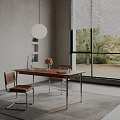 Modern Restaurant Interior With Wooden Dining Table Chairs Pendant Light And Window Greenery