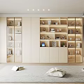Modern Beige Display Cabinet With Glass Doors Open Shelves And Decorative Books In Bright Room