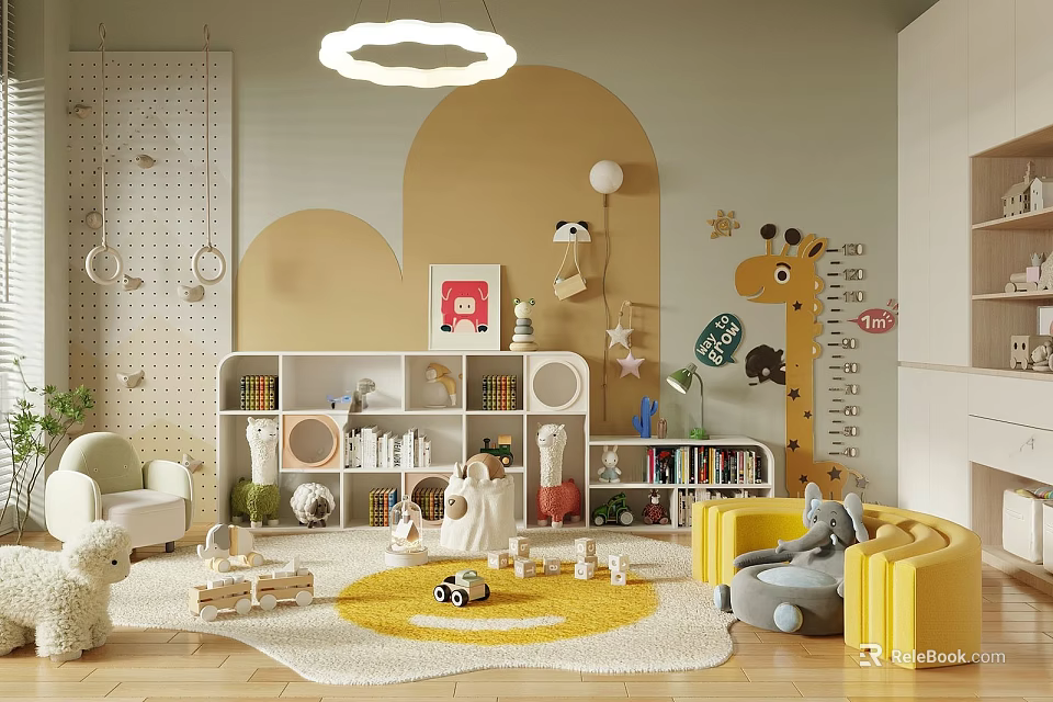 Cozy Kids Room With Toys Bookshelf And Giraffe Mural 3d model 
